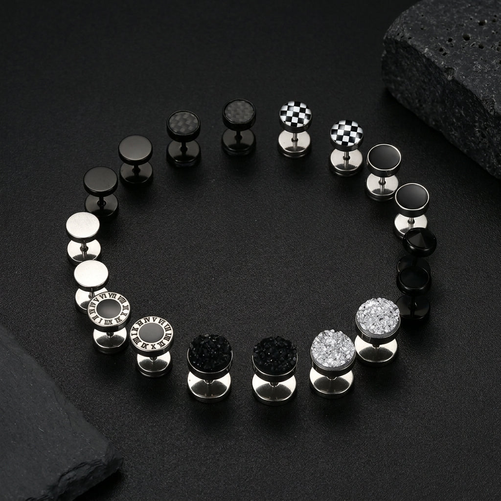 9 Pairs Round Mixed Plug Stud Earring Set