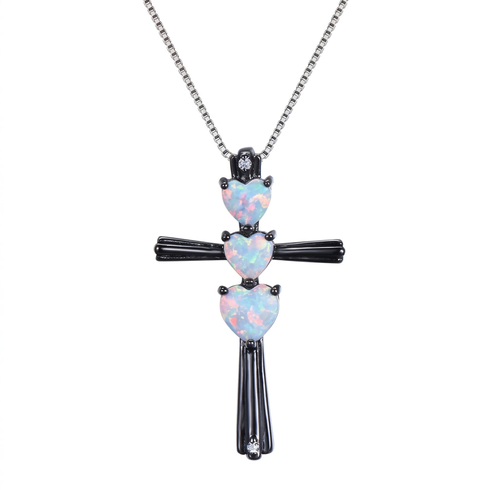 S925 Elegant Opal Heart Cross Necklace