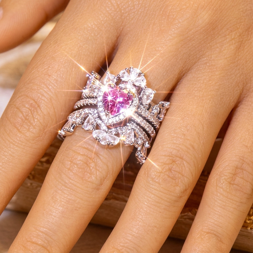 3pc Pink Heart Crown Stackable Ring Set