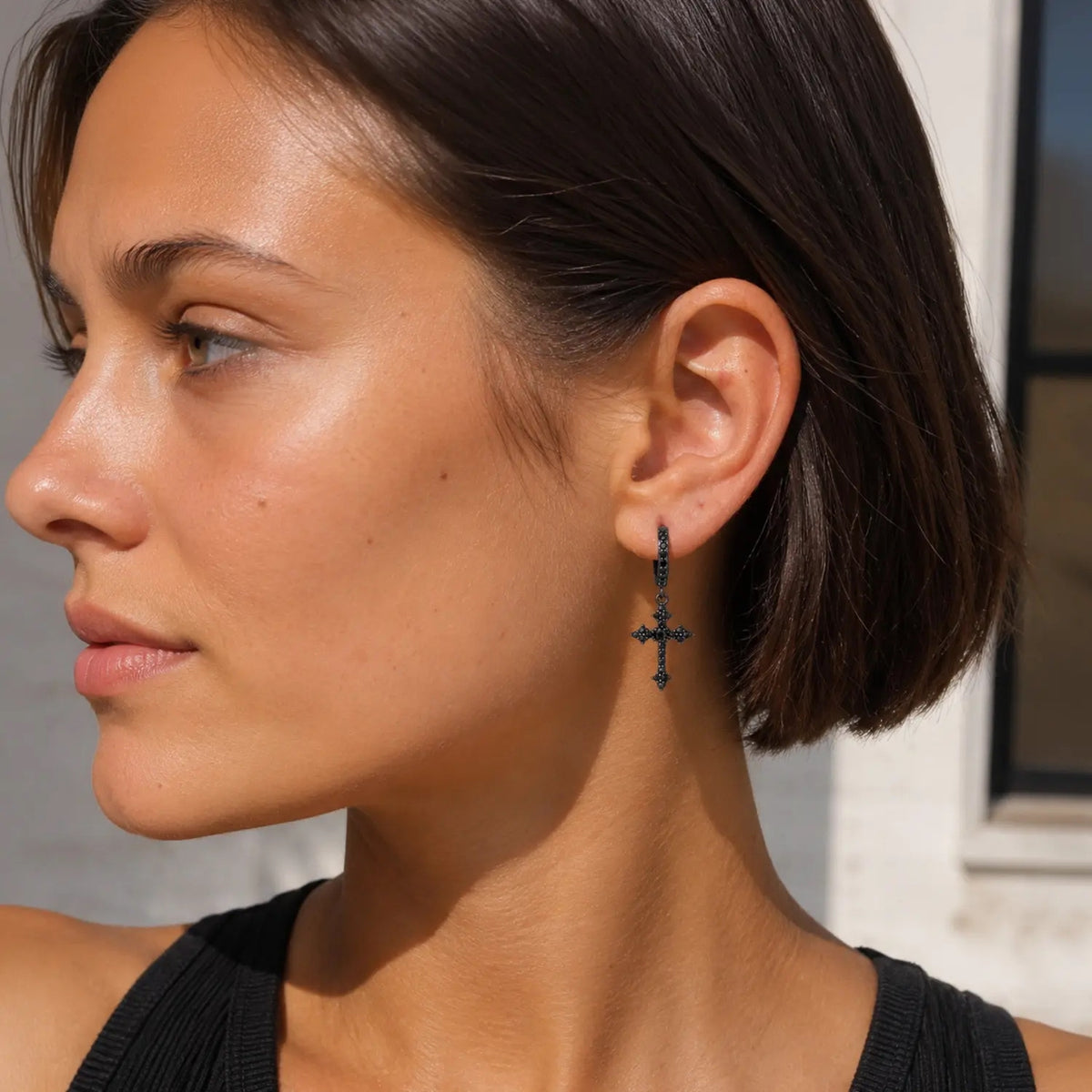 14k Sparkling Cross Dangle Hoop Earrings