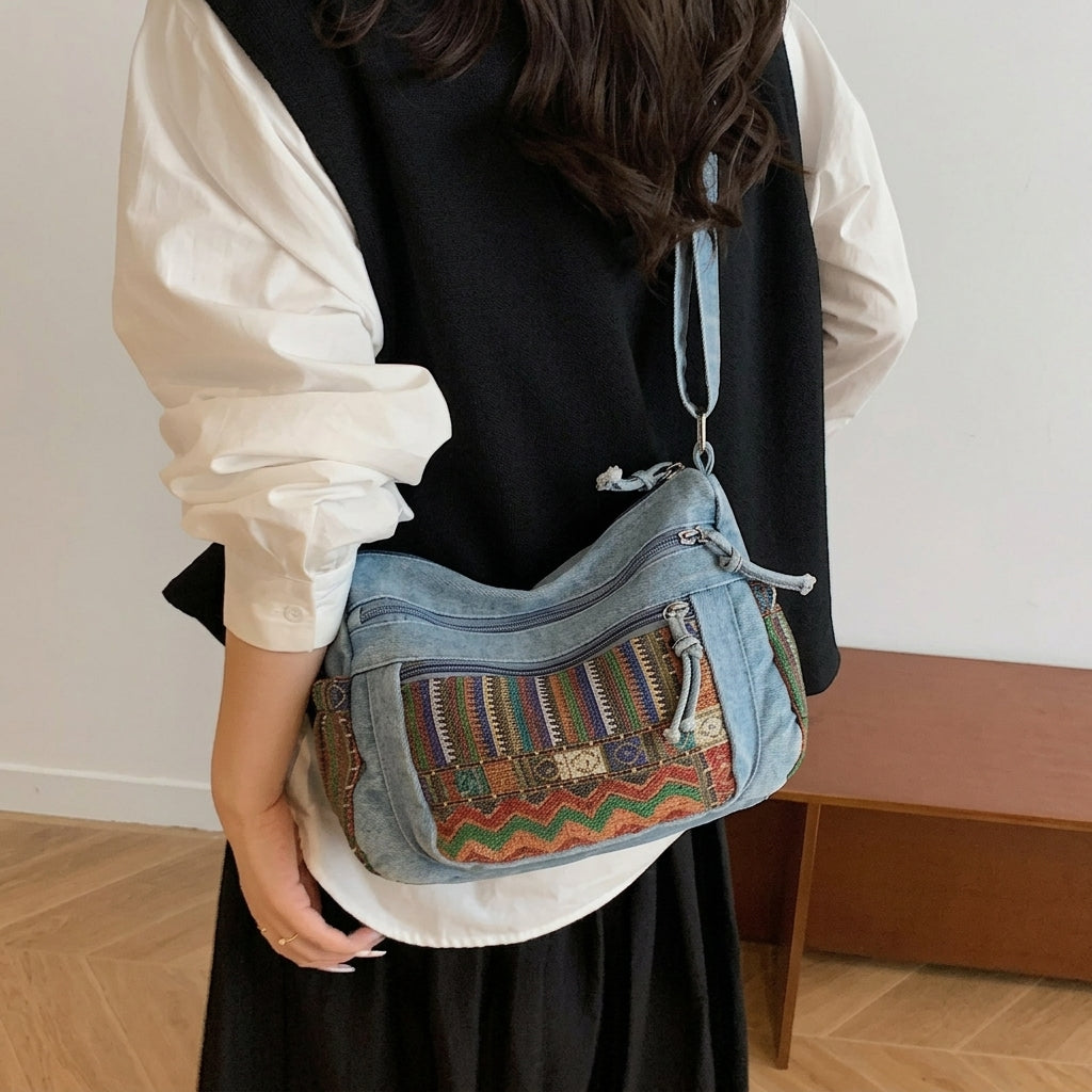 Vintage Denim Patchwork Shoulder Bag