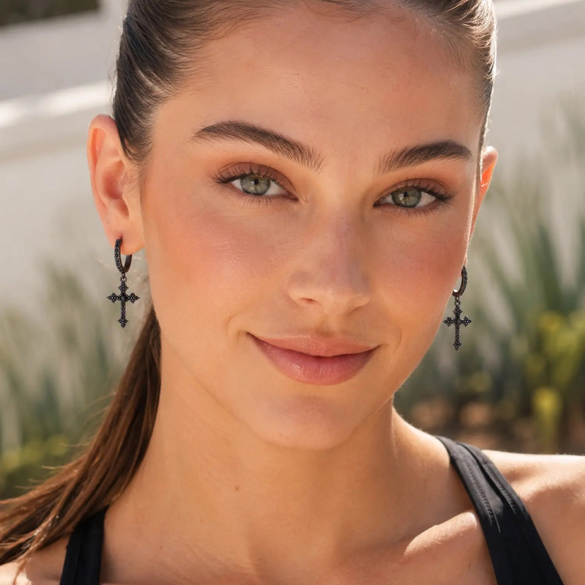 14k Sparkling Cross Dangle Hoop Earrings
