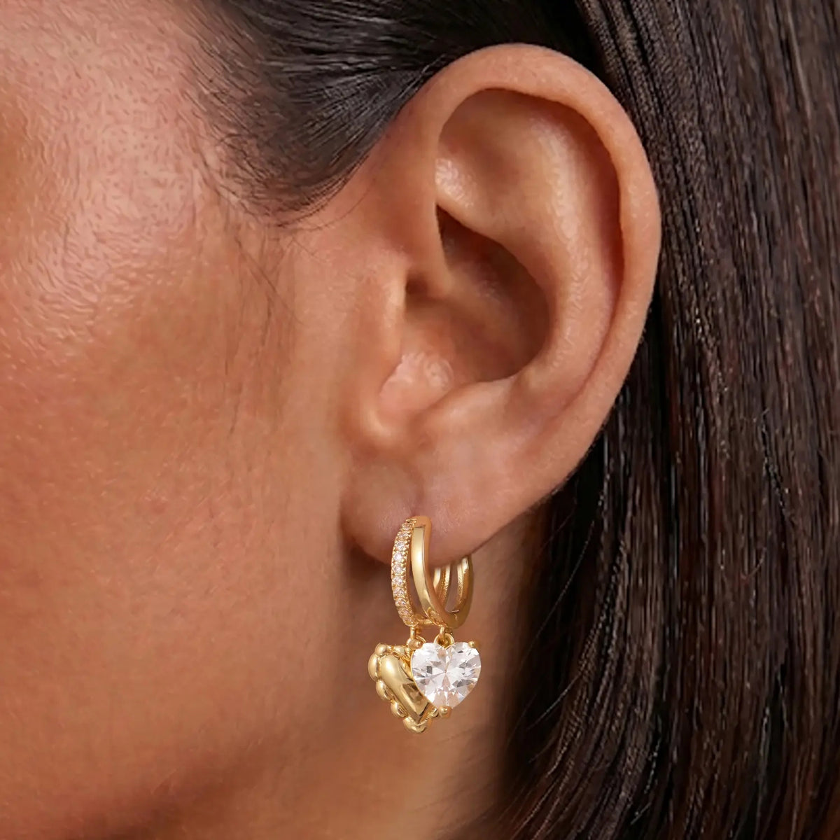 14k Elegant Double Heart Huggie Hoop Earrings
