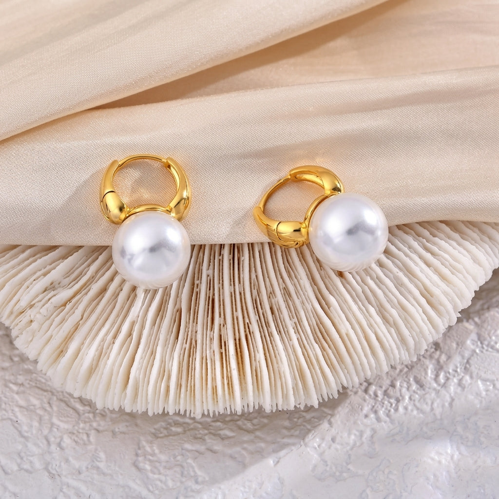 14k Pearl Drop Huggie Earrings