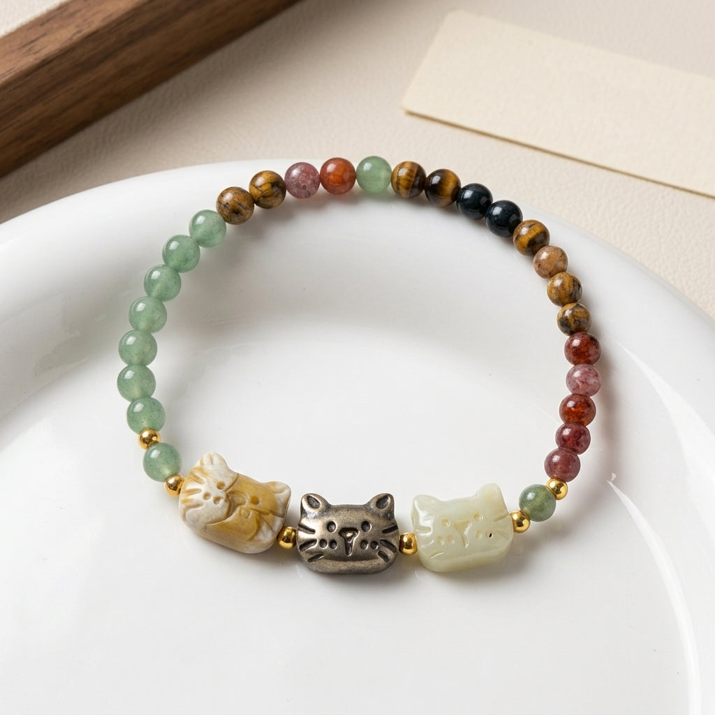 Trio Cat Face Beaded Bracelet