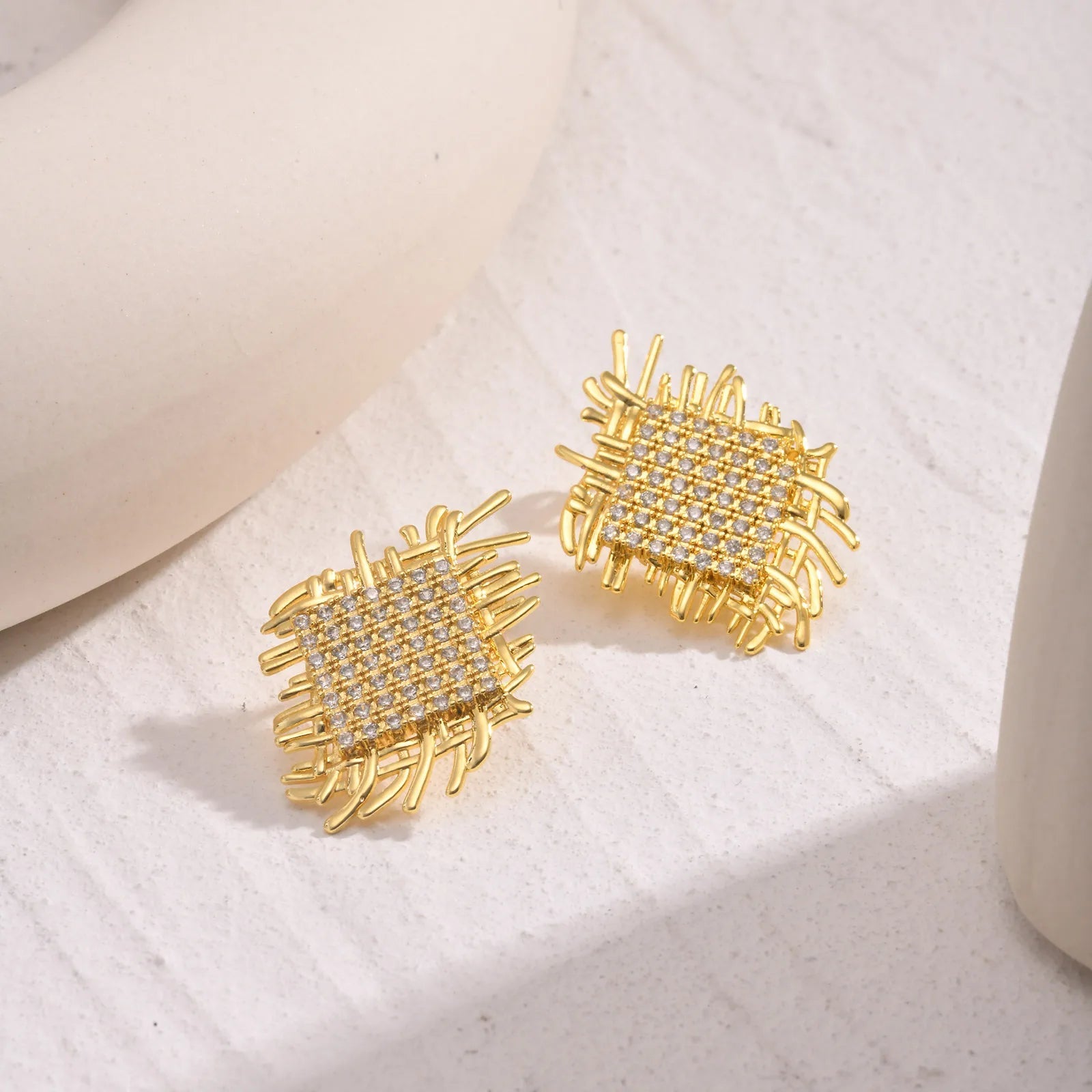 14k Braided Diamond Square Earrings - Veinci