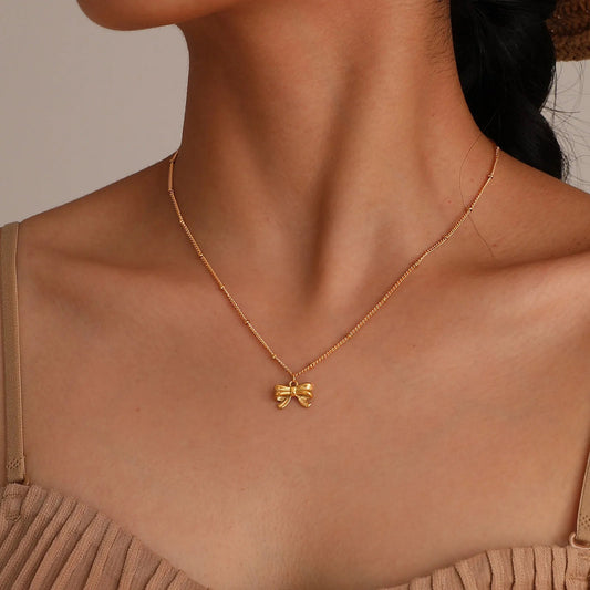 14k Dainty Feminine Bow Necklace - Veinci