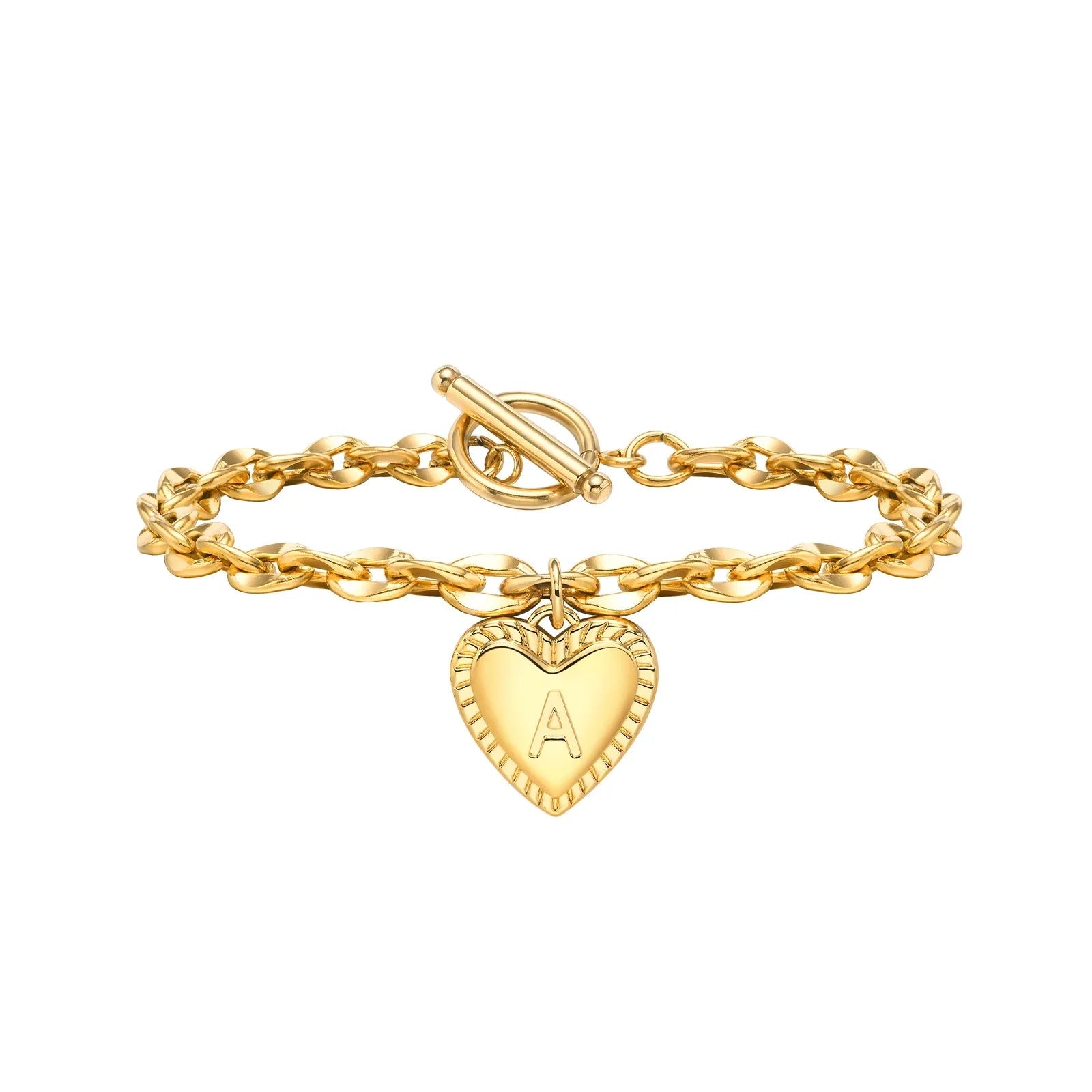 14k Dainty Heart Engraved Letter Initial Bracelet - Veinci