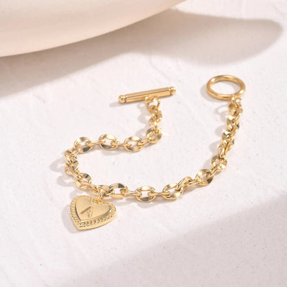 14k Dainty Heart Engraved Letter Initial Bracelet - Veinci