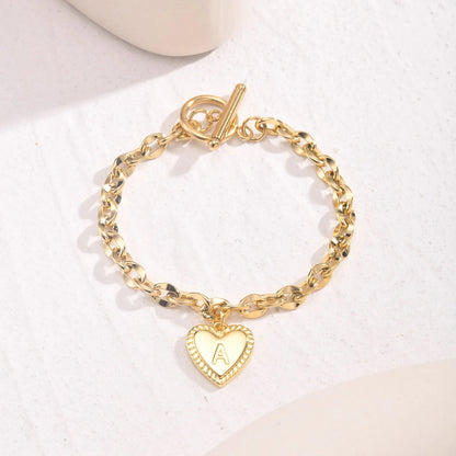 14k Dainty Heart Engraved Letter Initial Bracelet - Veinci