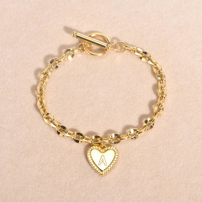 14k Dainty Heart Engraved Letter Initial Bracelet - Veinci