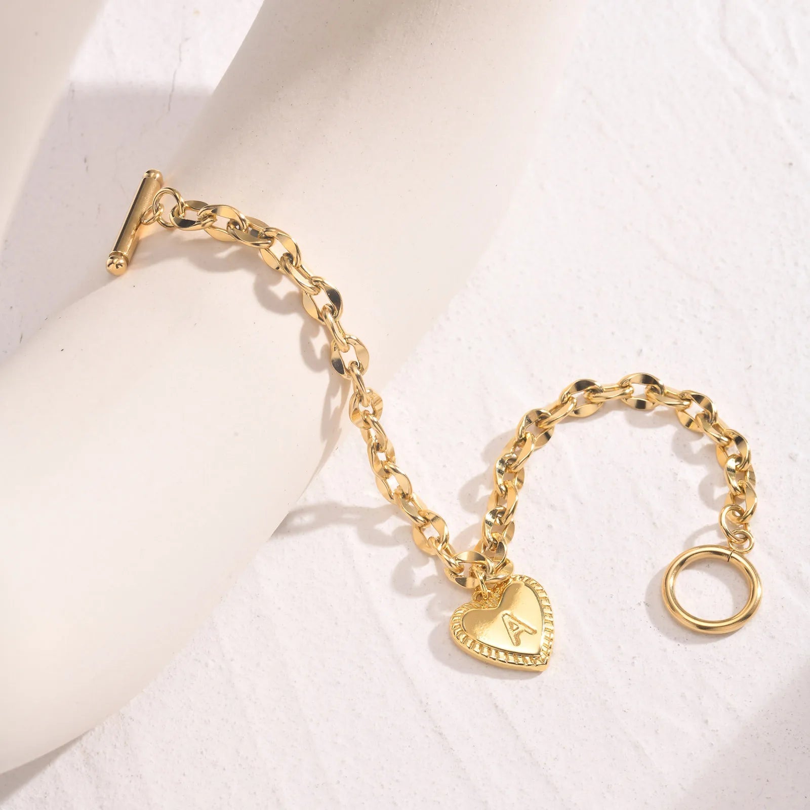 14k Dainty Heart Engraved Letter Initial Bracelet - Veinci