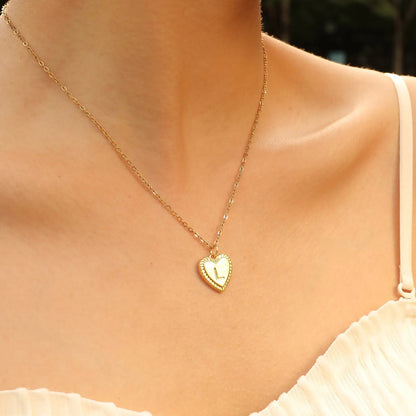 14k Dainty Heart Pendant Letter Initial Necklace - Veinci