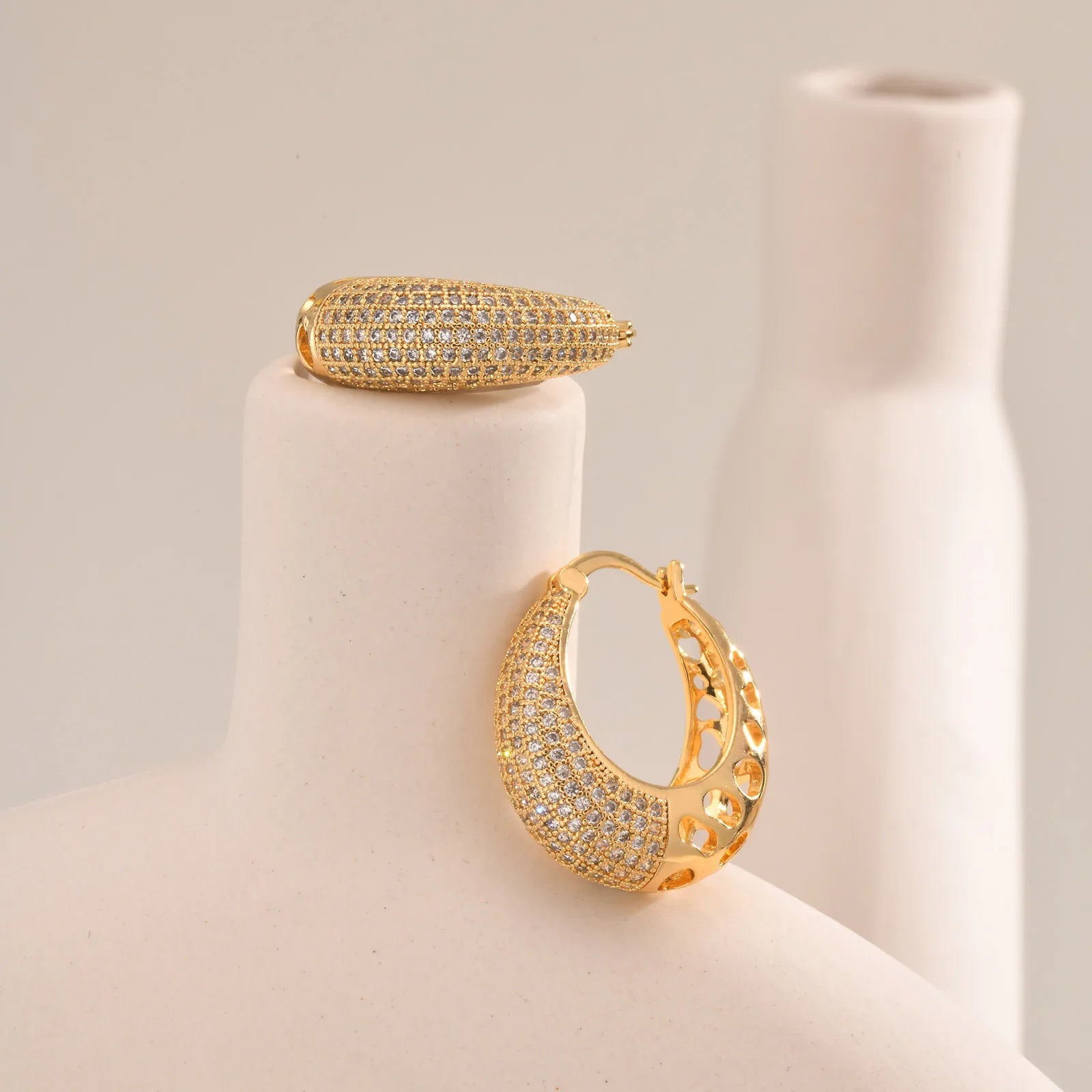 14k Intricate Half Diamond Hoop Earrings - Veinci