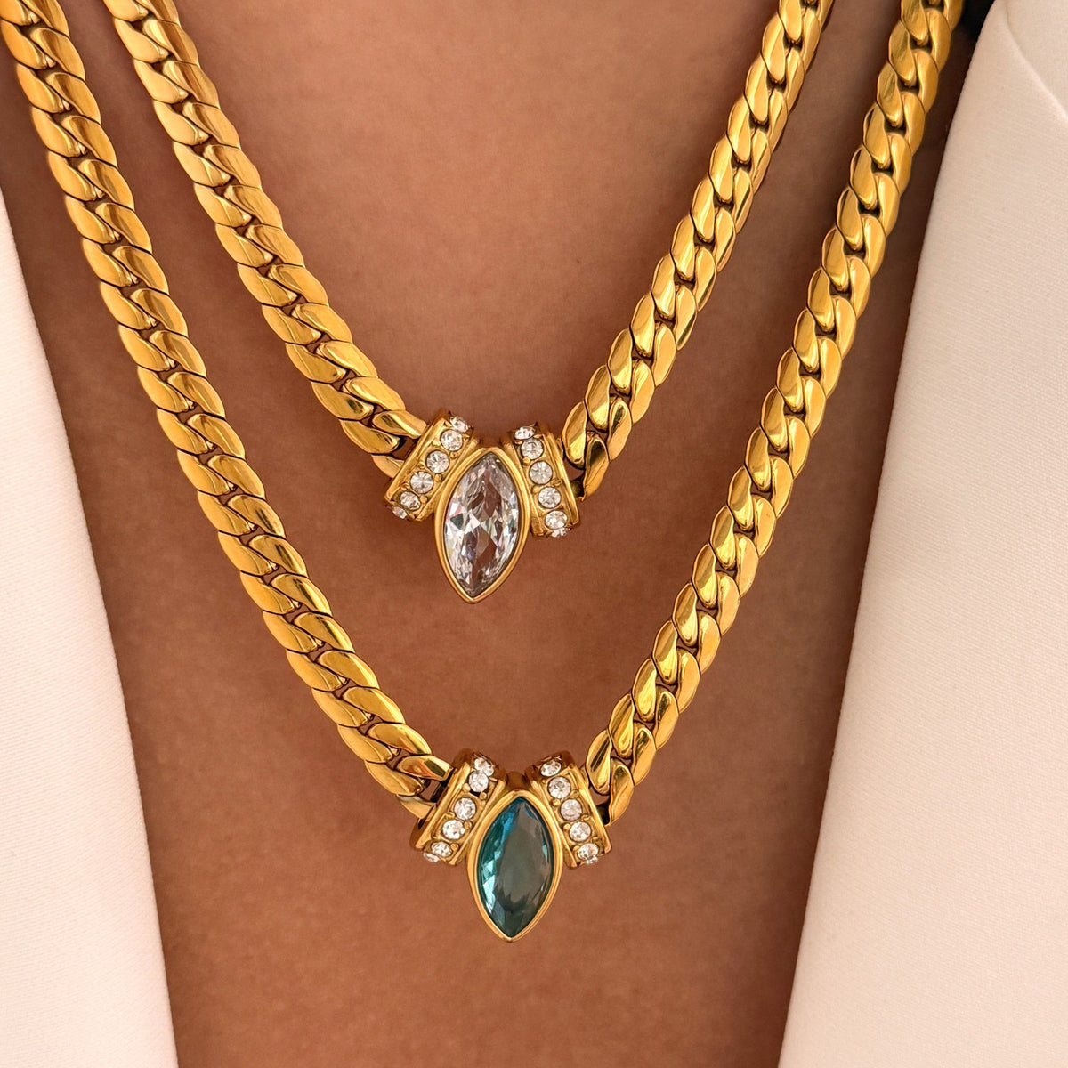 18k Classy Marquise Zircon Curb Chain Necklace