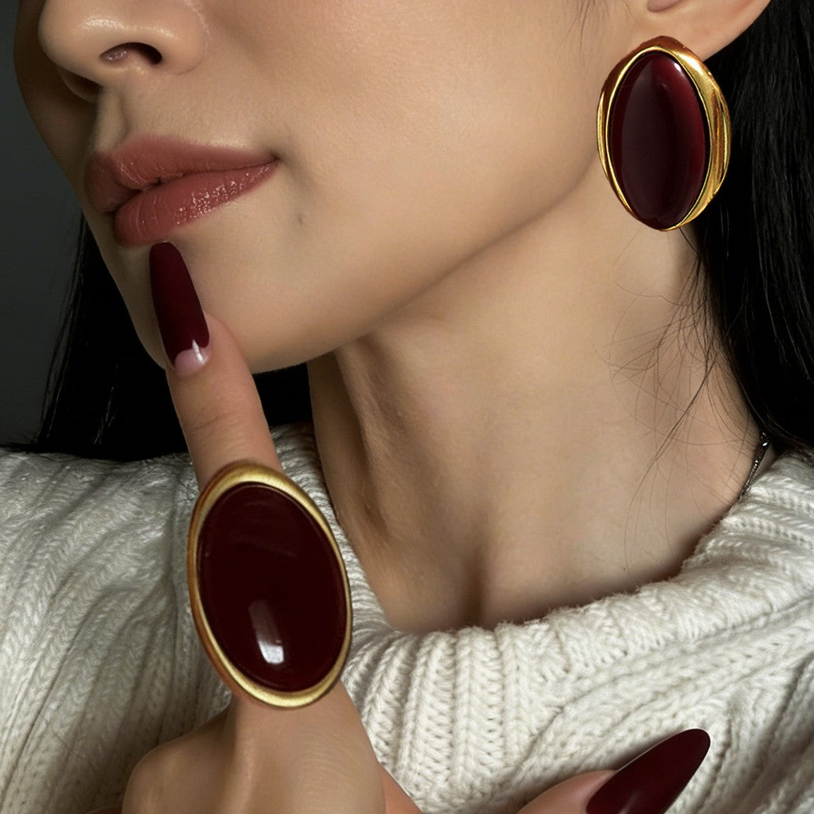 Classy Red Oval Cabochon Ring and Earring Set
