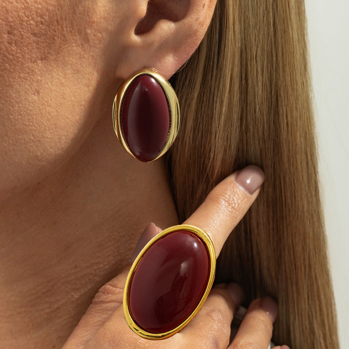 Classy Red Oval Cabochon Ring and Earring Set