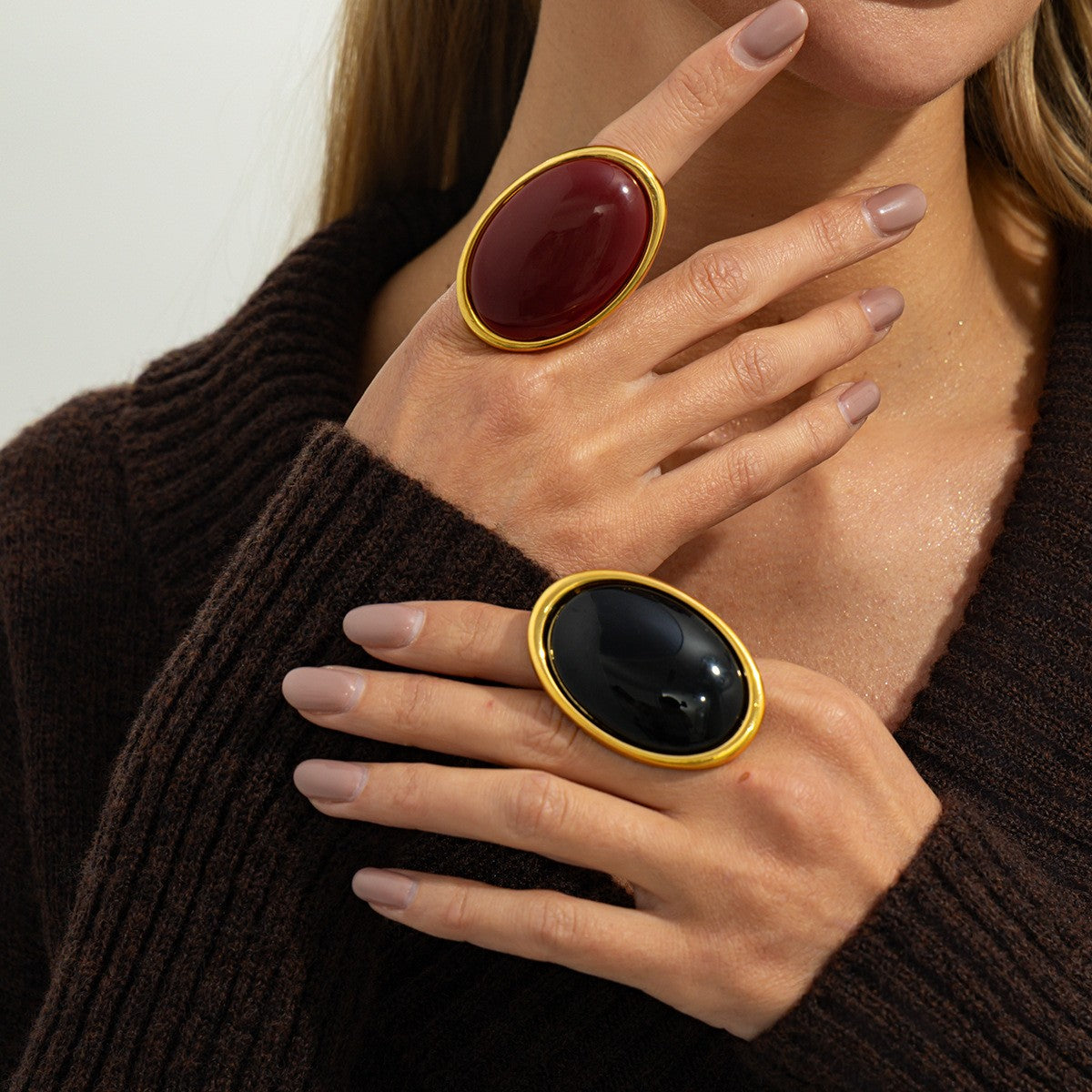 Classy Red Oval Cabochon Ring and Earring Set