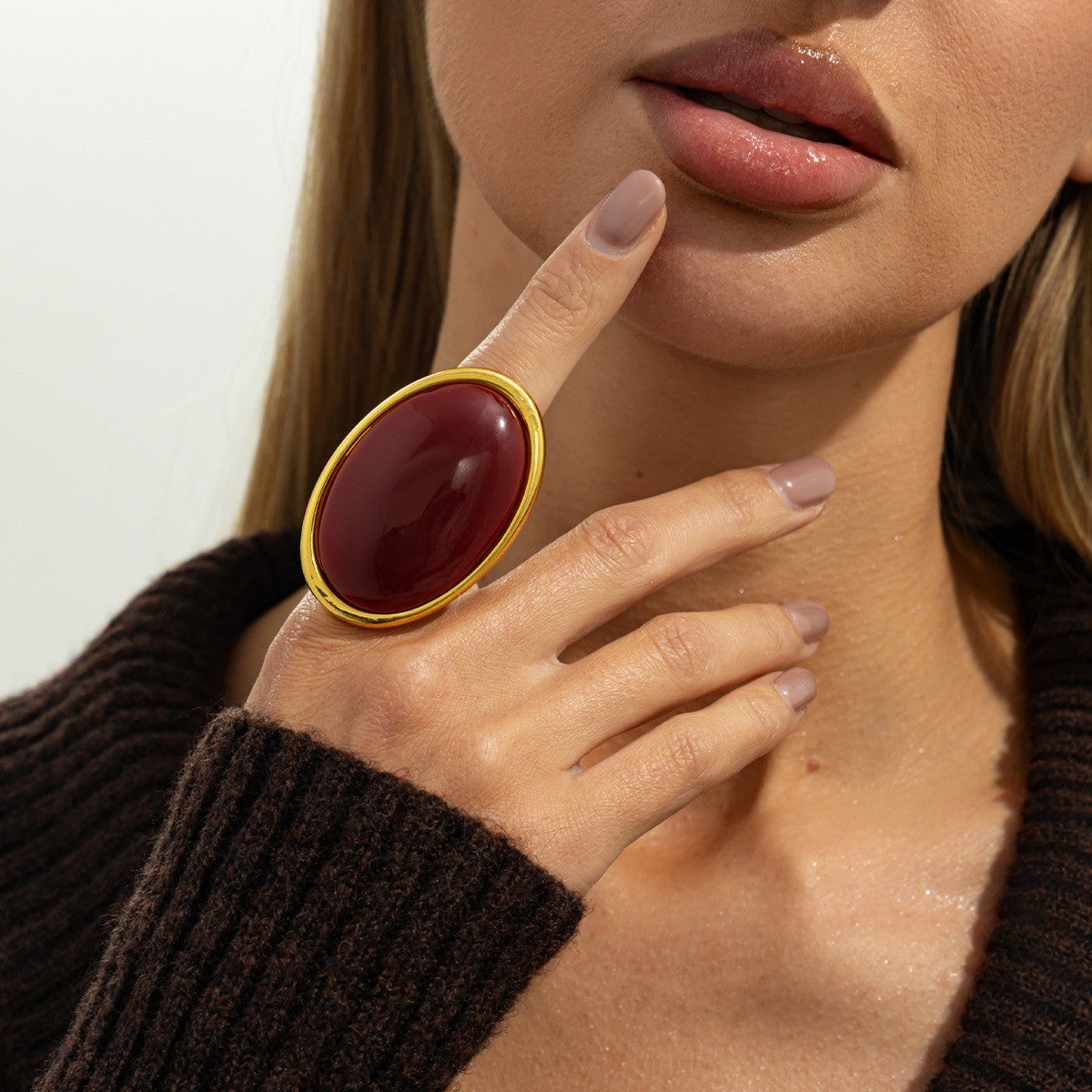Classy Red Oval Cabochon Ring and Earring Set