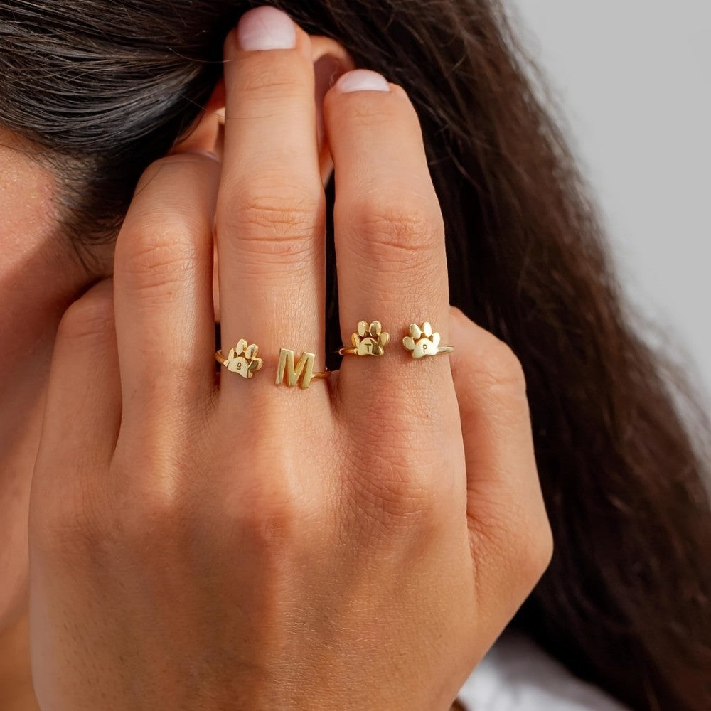 Dainty Paw Print Initial Open Ring