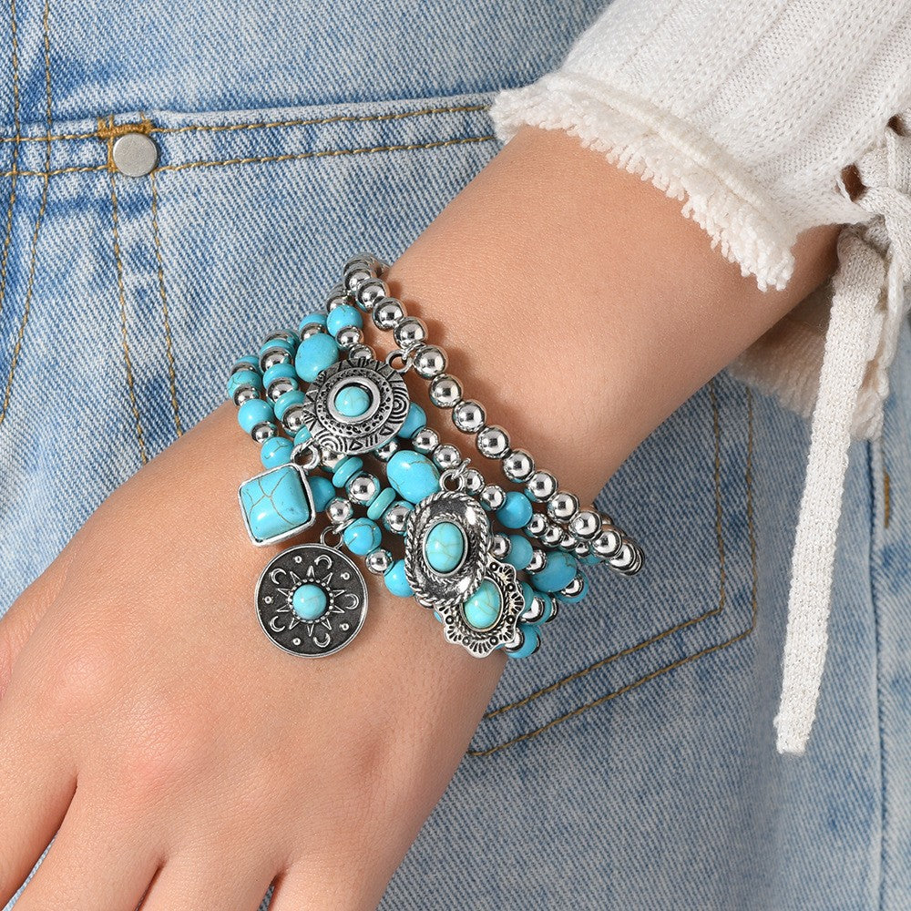 Boho Turquoise Geometric Charm Bracelet Stack