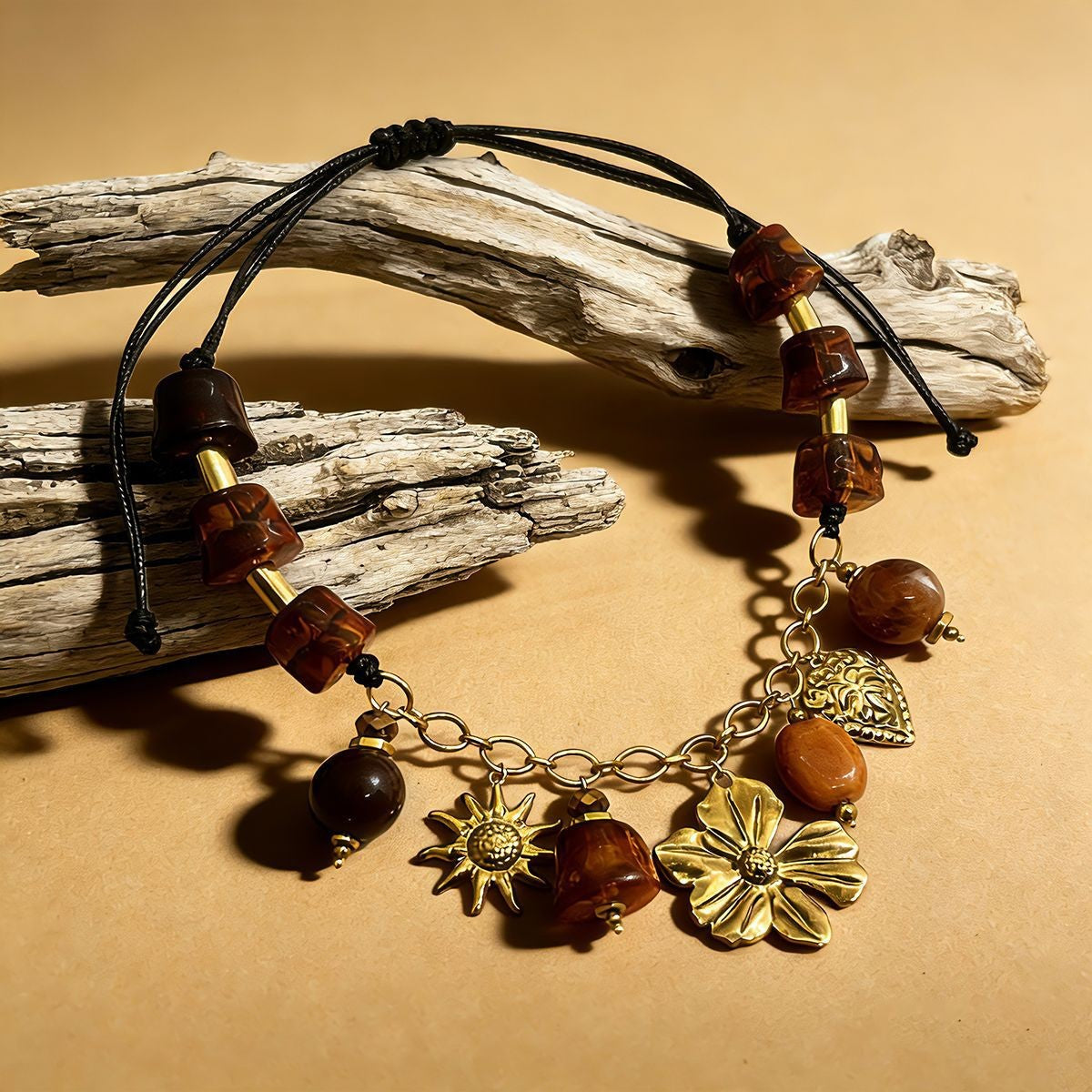 18k Boho Amber Resin Charm Necklace