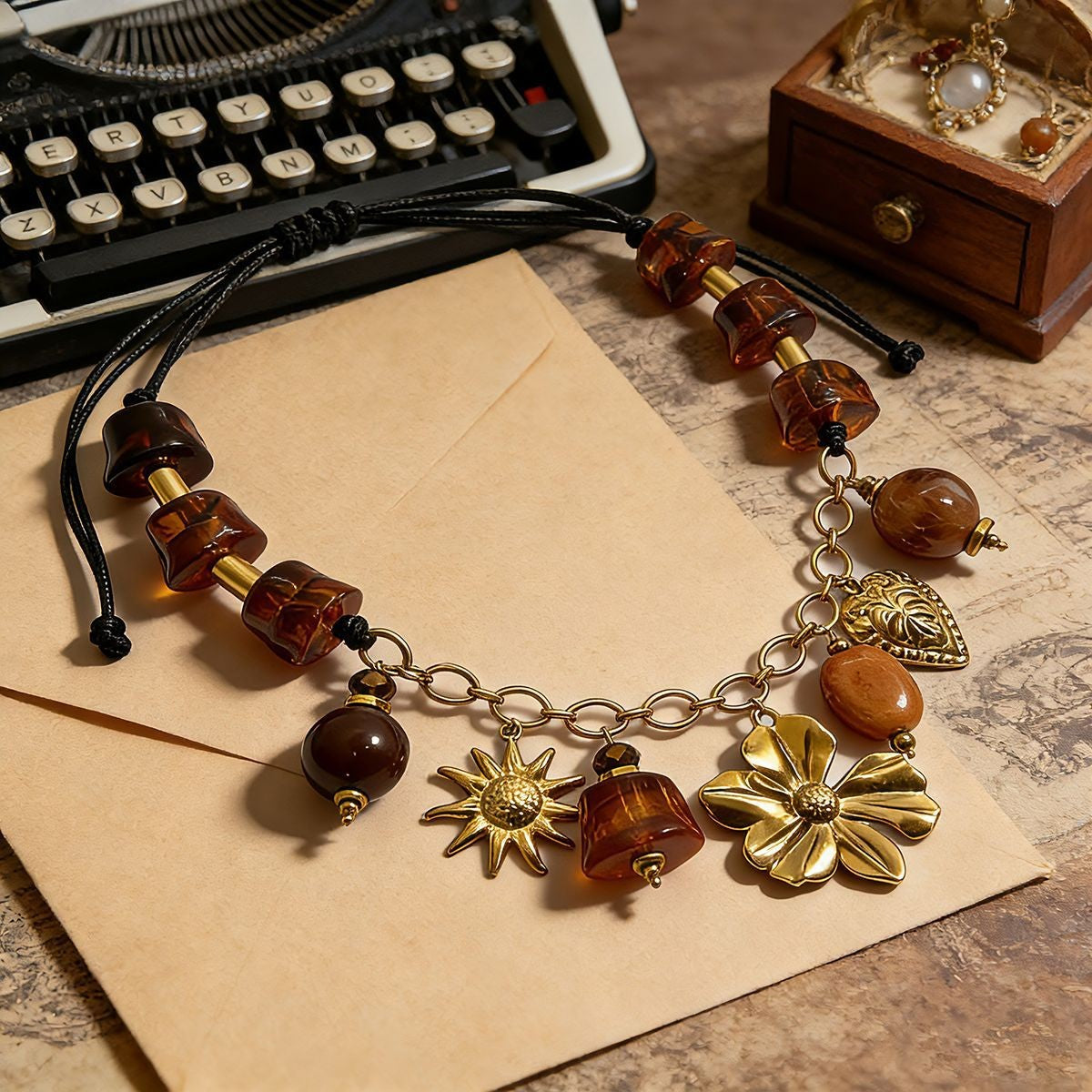 18k Boho Amber Resin Charm Necklace
