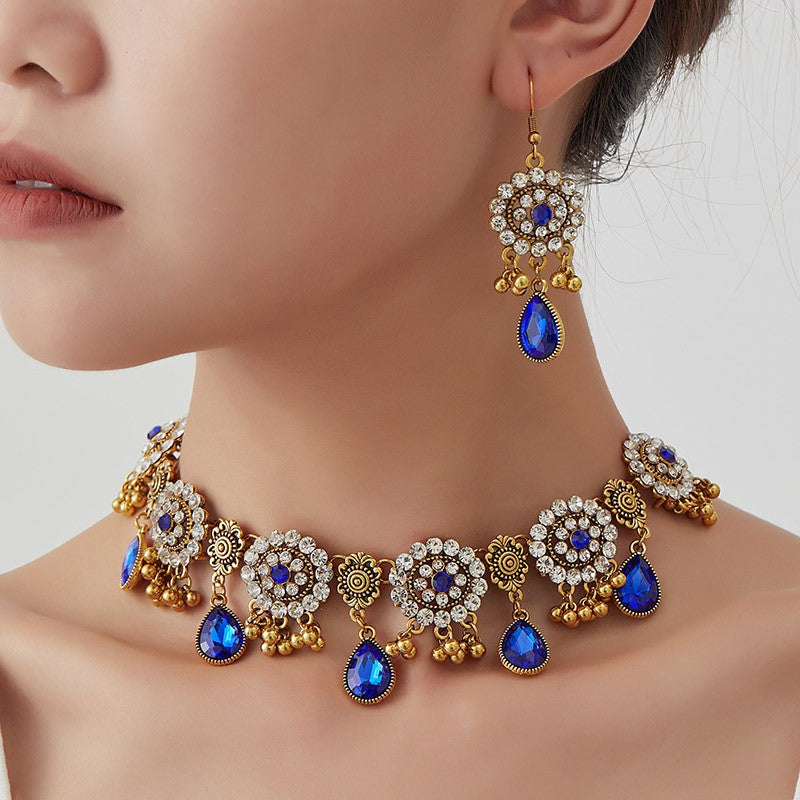 Classy Royal Blue Floral Necklace & Earring Set
