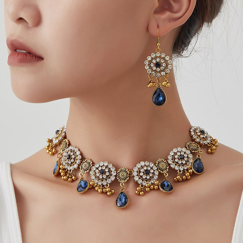 Classy Royal Blue Floral Necklace & Earring Set