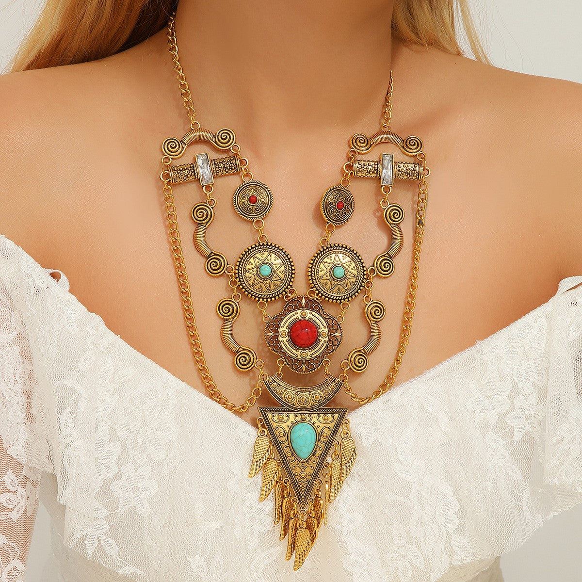 Boho Vintage Turquoise Wing Statement Necklace