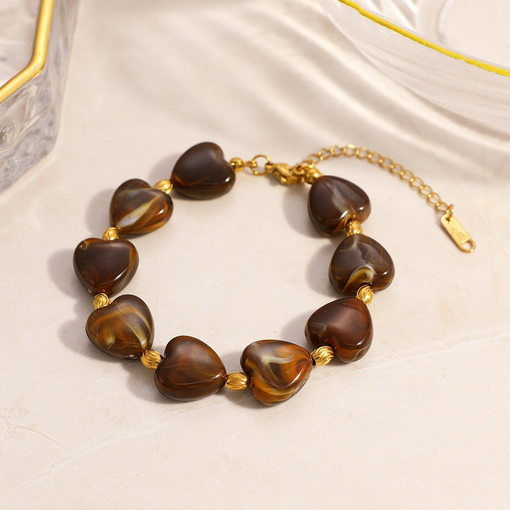 18k Vintage Resin Heart Necklace & Bracelet Set