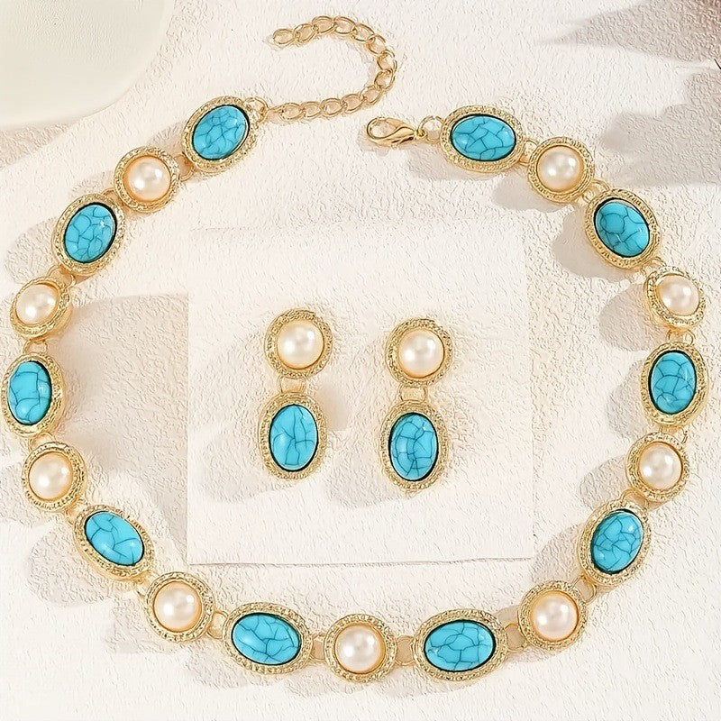Vintage Turquoise & Pearl Necklace, Bracelet & Earring Set
