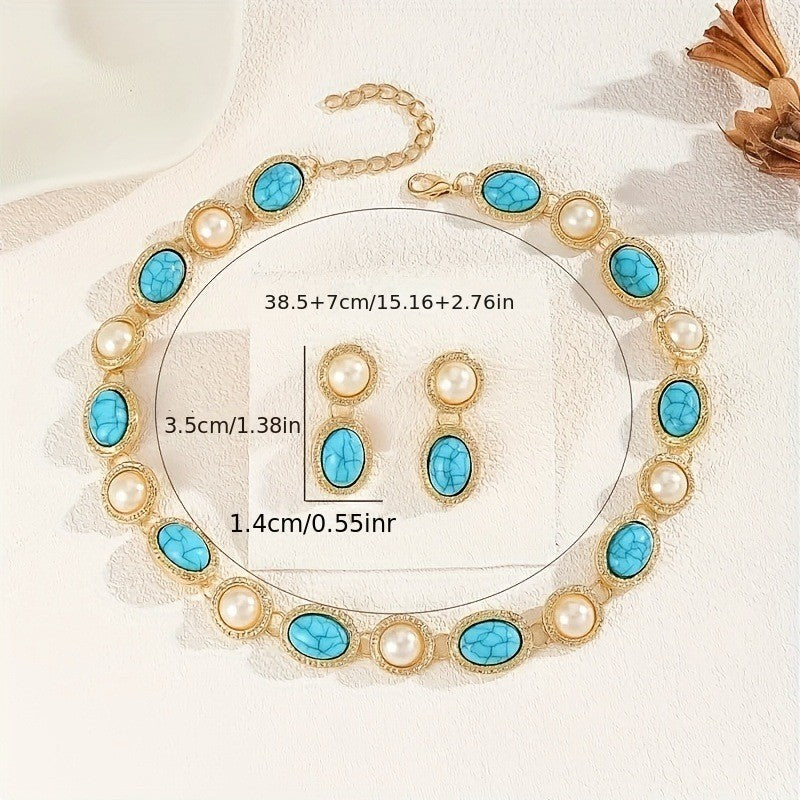 Vintage Turquoise & Pearl Necklace, Bracelet & Earring Set