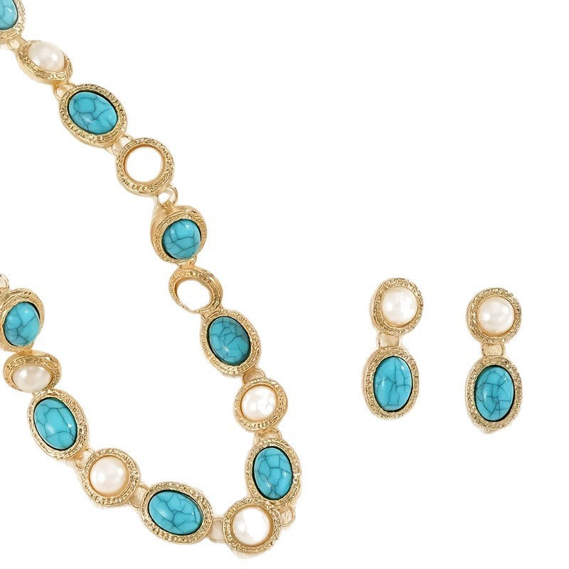 Vintage Turquoise & Pearl Necklace, Bracelet & Earring Set