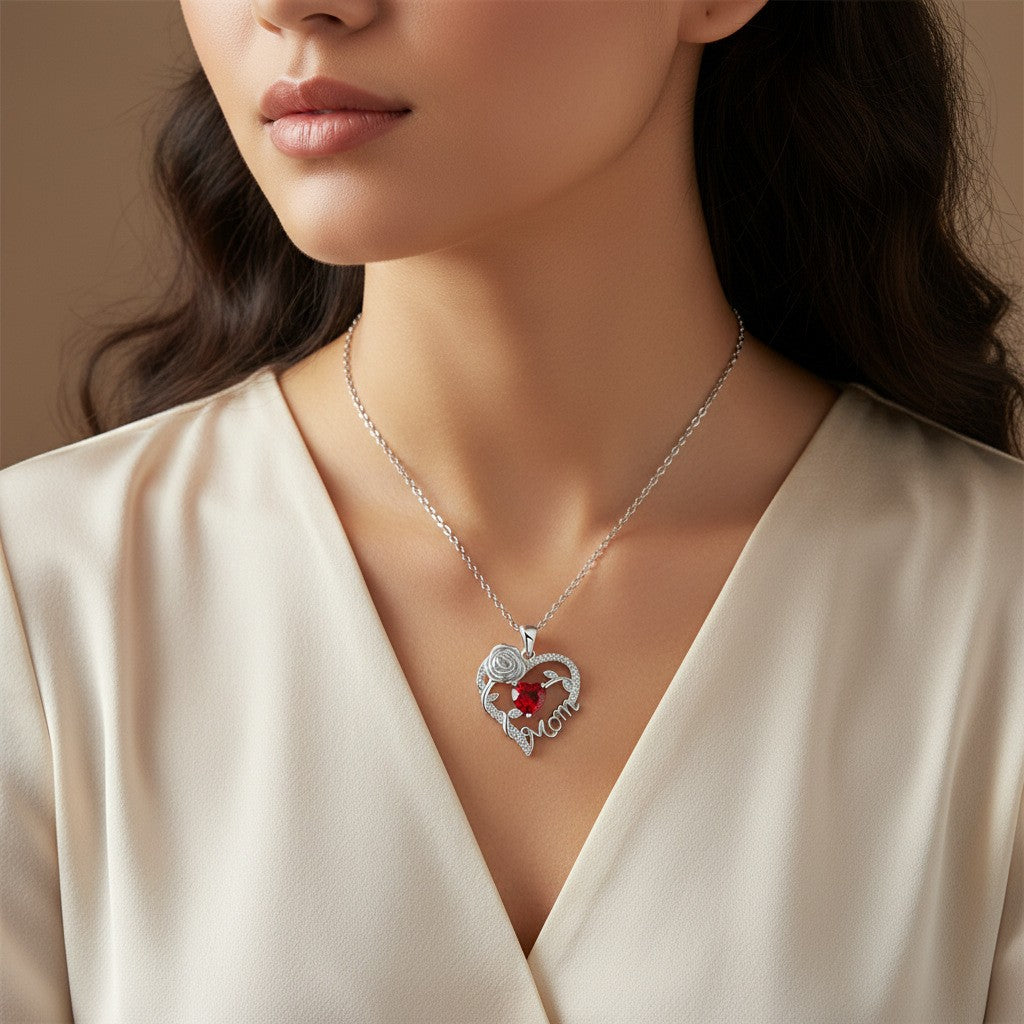 Elegant Rose Mom Heart Necklace