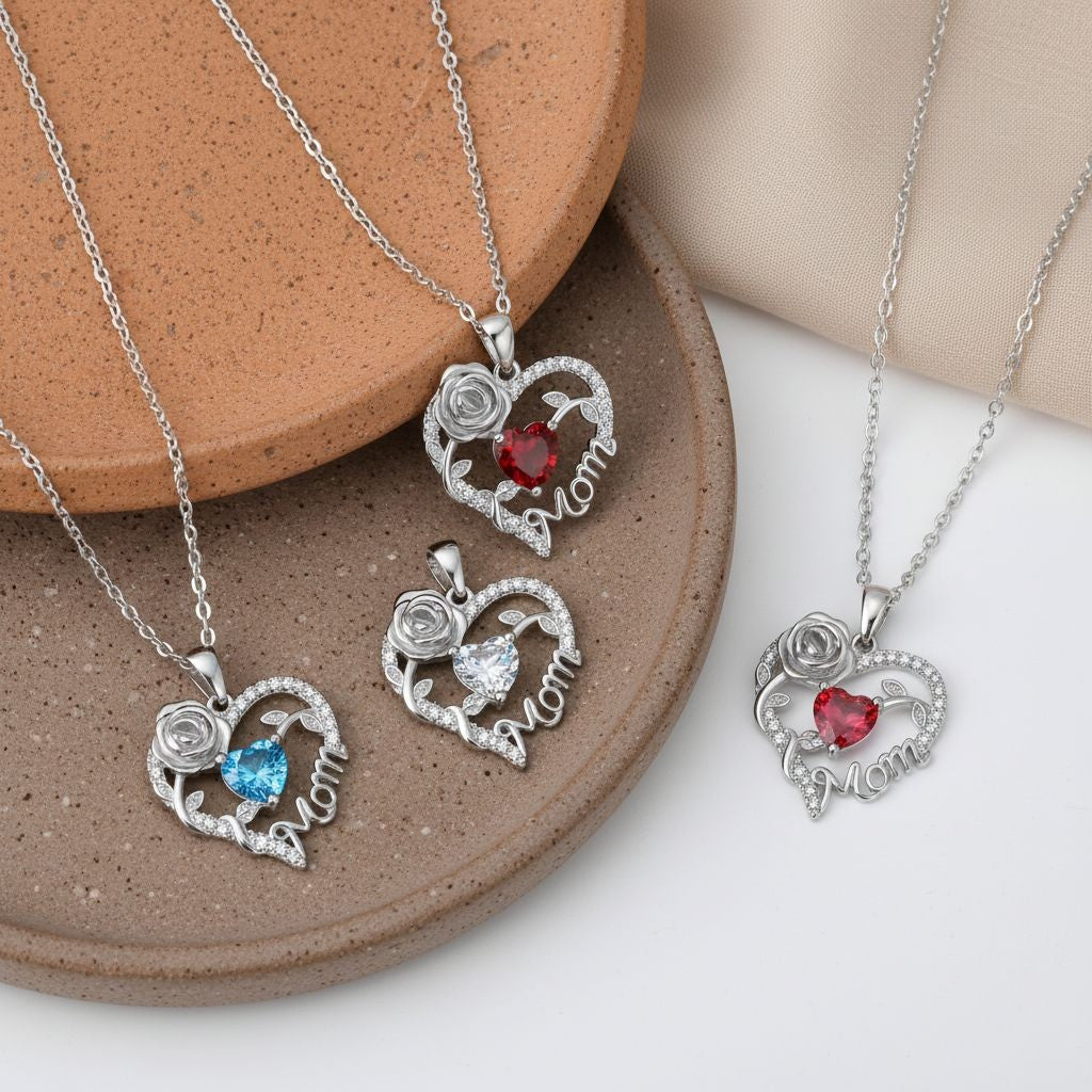 Elegant Rose Mom Heart Necklace