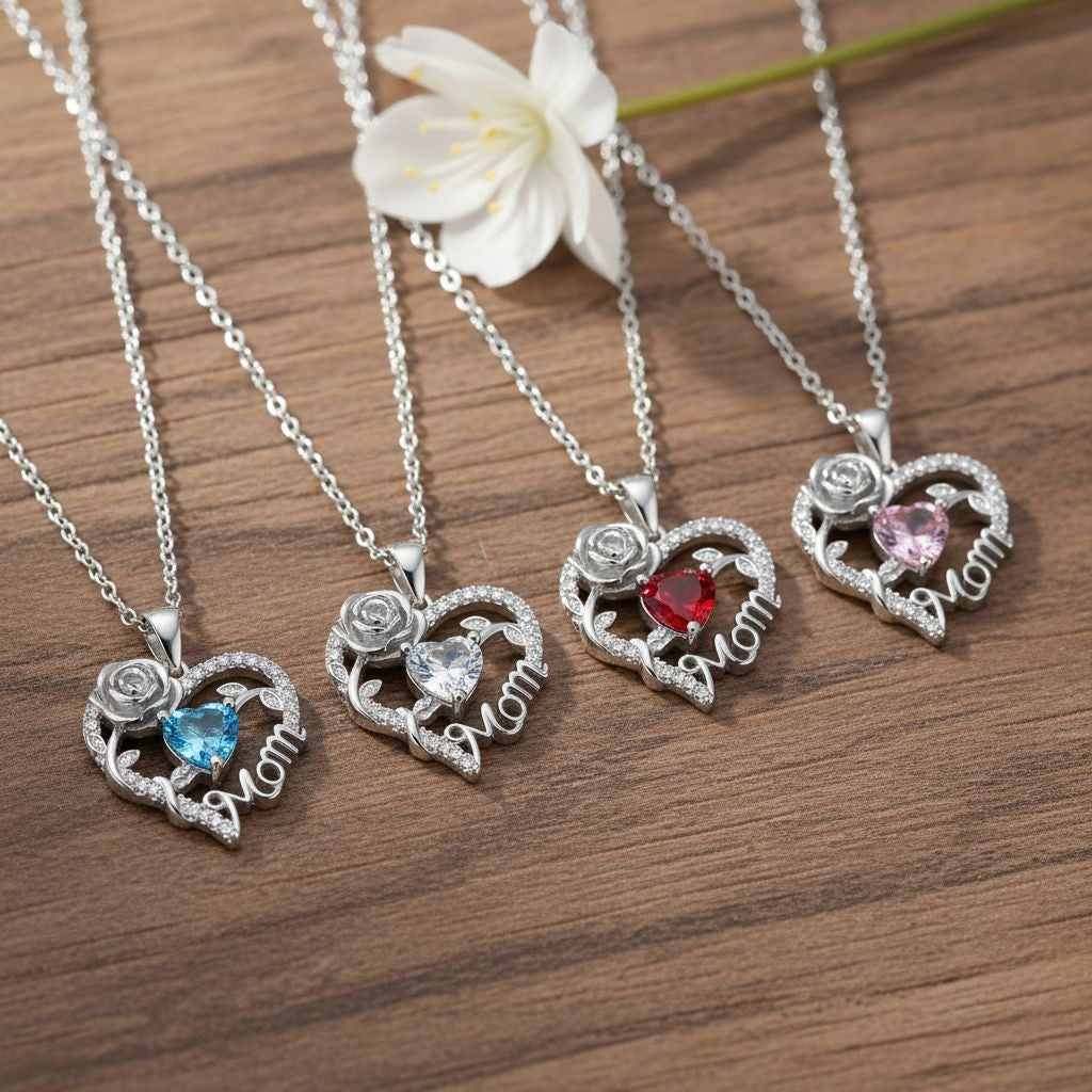 Elegant Rose Mom Heart Necklace