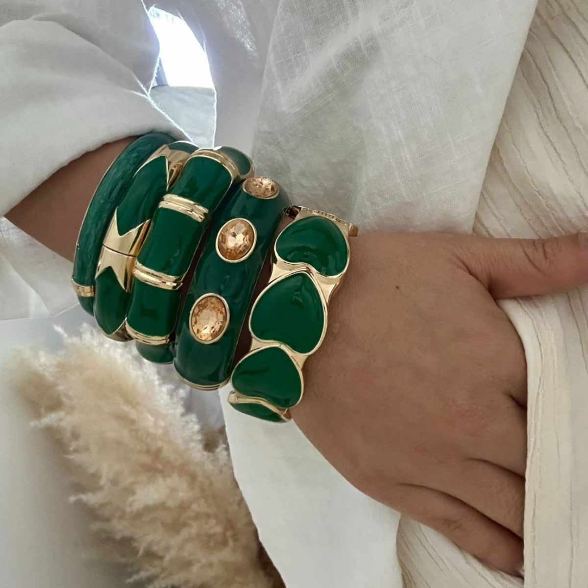 Classy Green Enamel Geometric Bangle Set