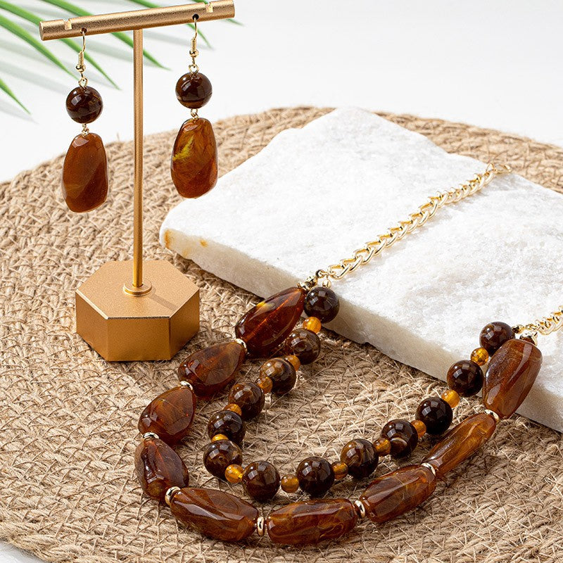 Boho Amber Bead Necklace & Earring Set