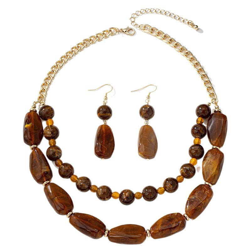 Boho Amber Bead Necklace & Earring Set