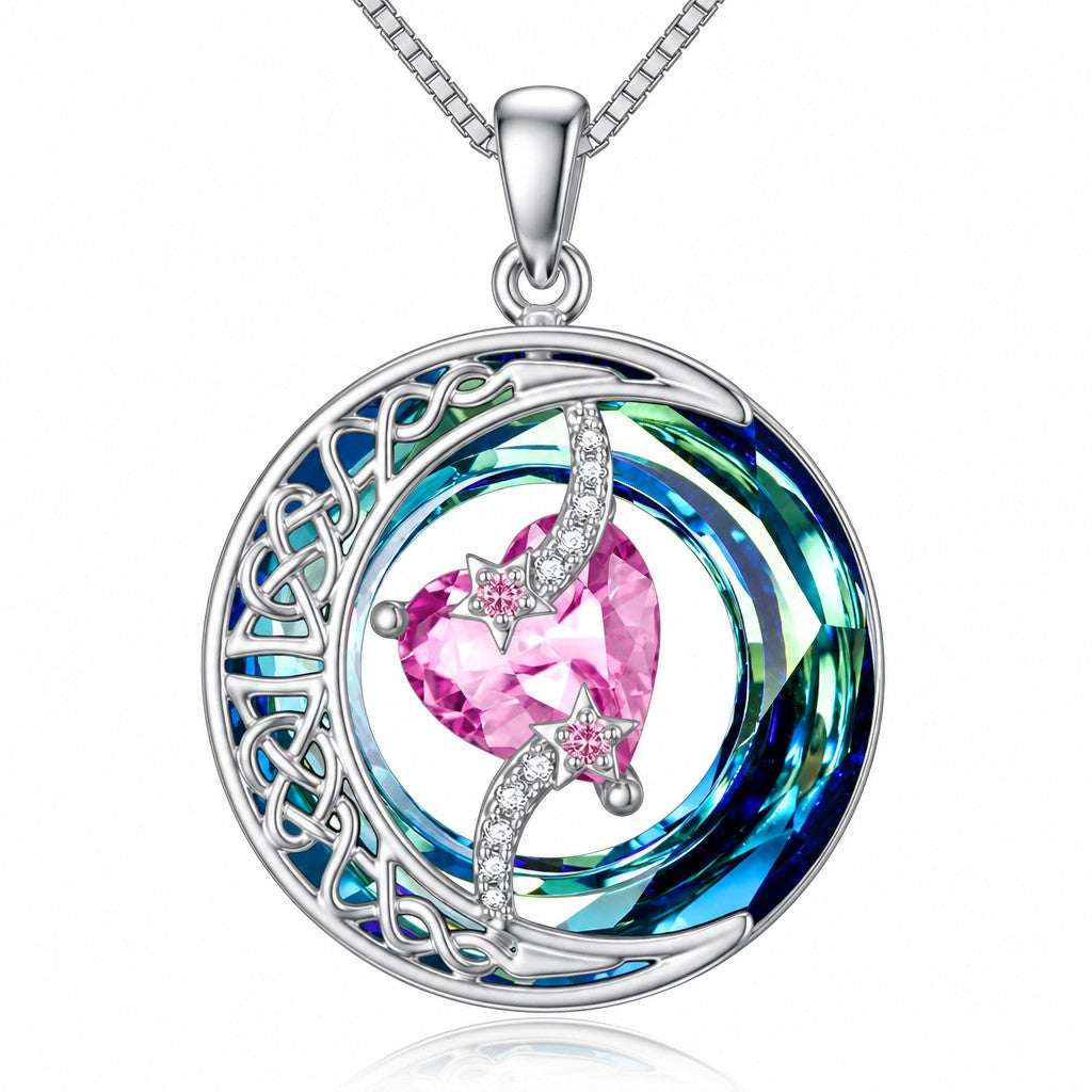 Romantic Crystal Heart Moon Necklace