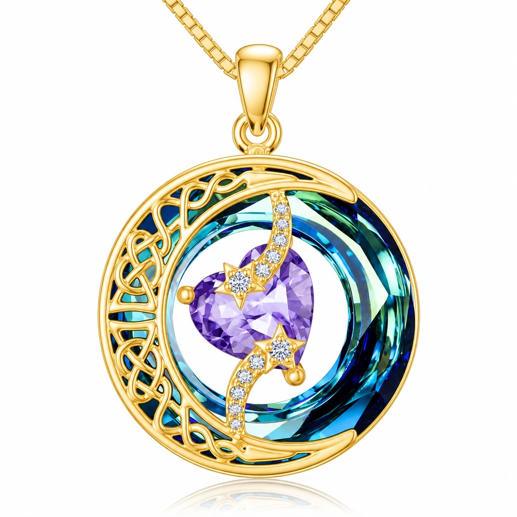 Romantic Crystal Heart Moon Necklace
