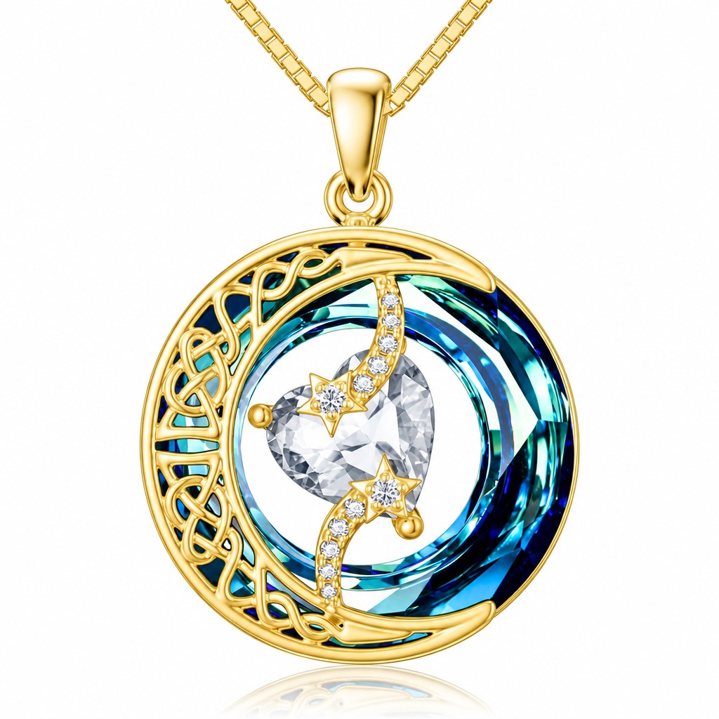 Romantic Crystal Heart Moon Necklace