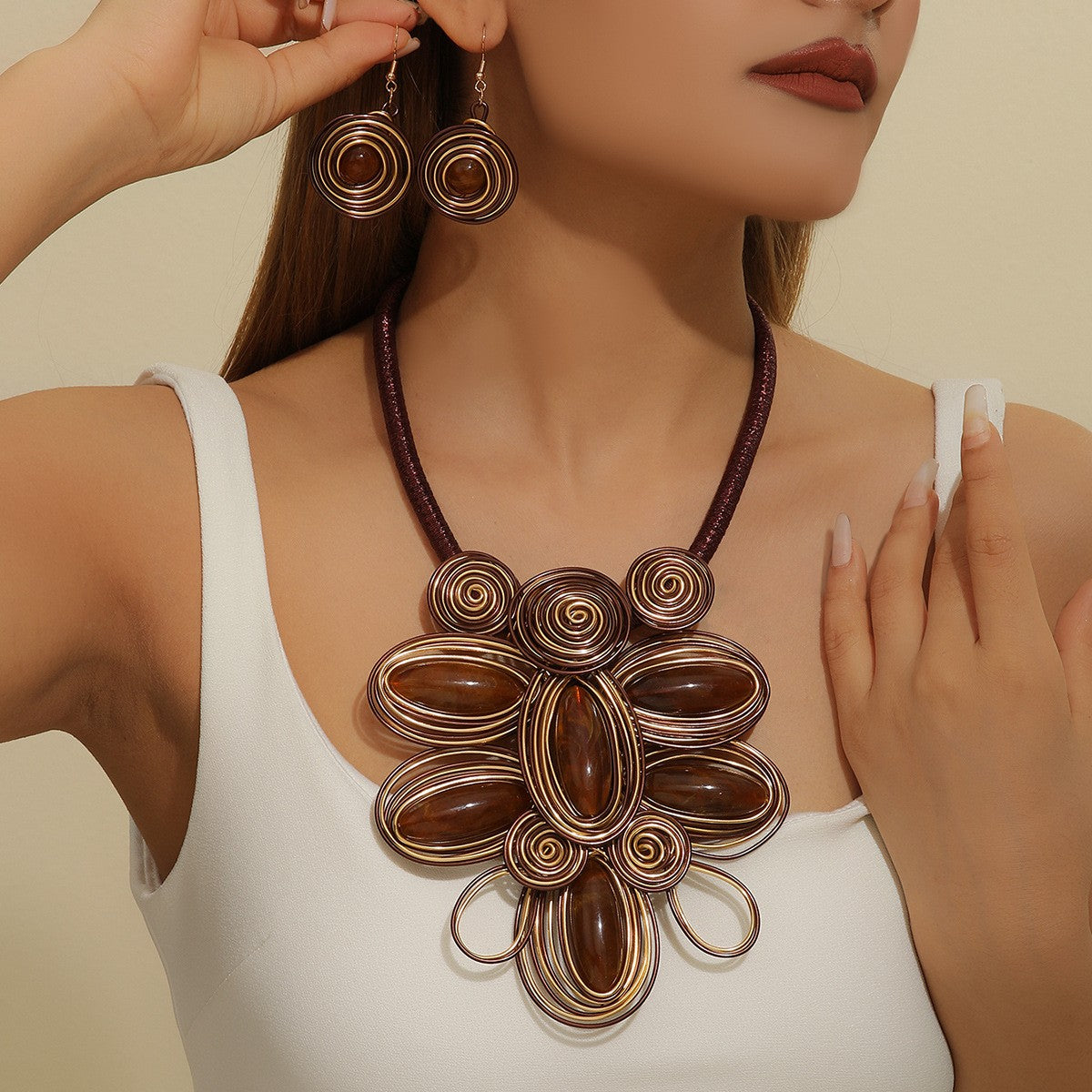 Boho Coral Wire Spiral Necklace and Earring Set