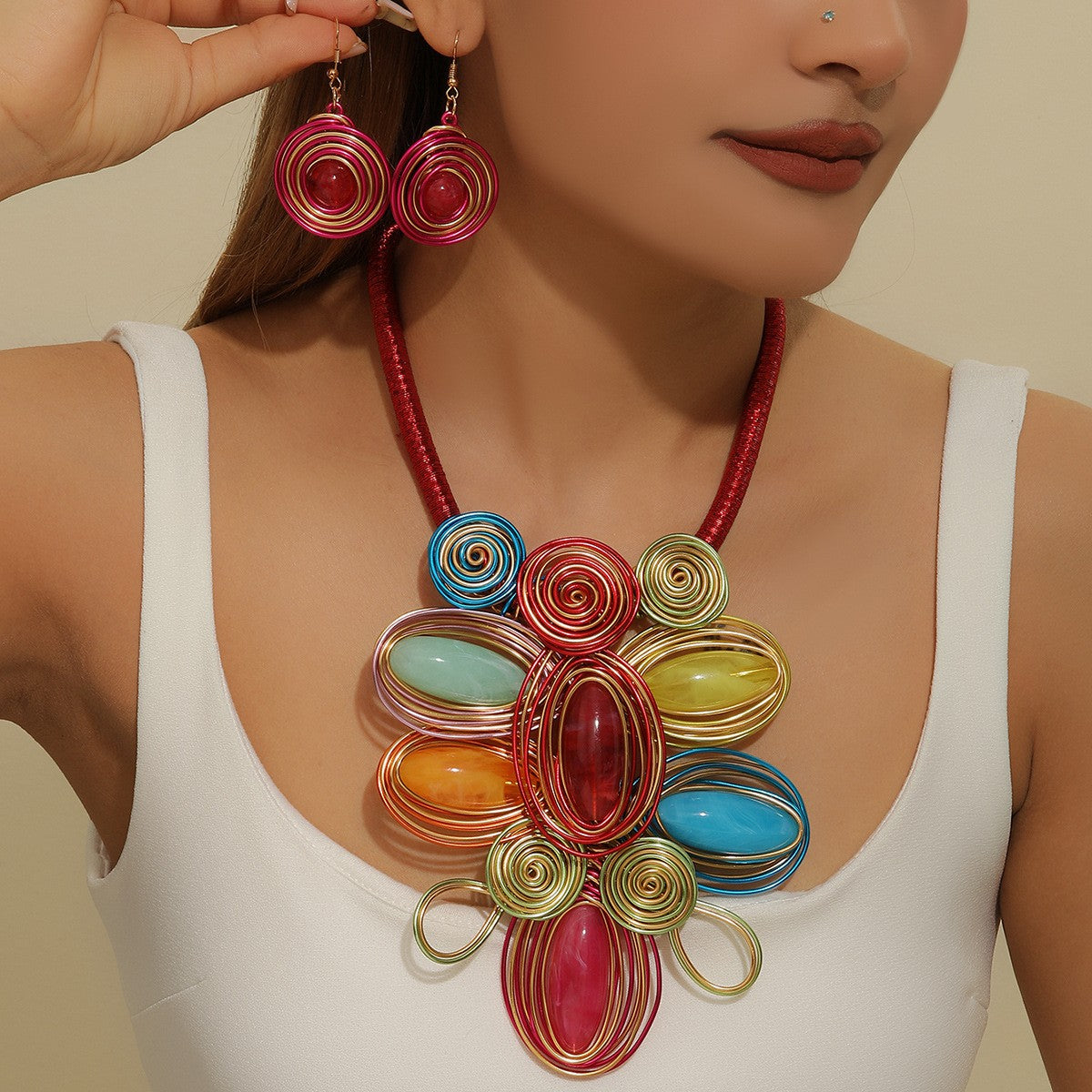 Boho Coral Wire Spiral Necklace and Earring Set