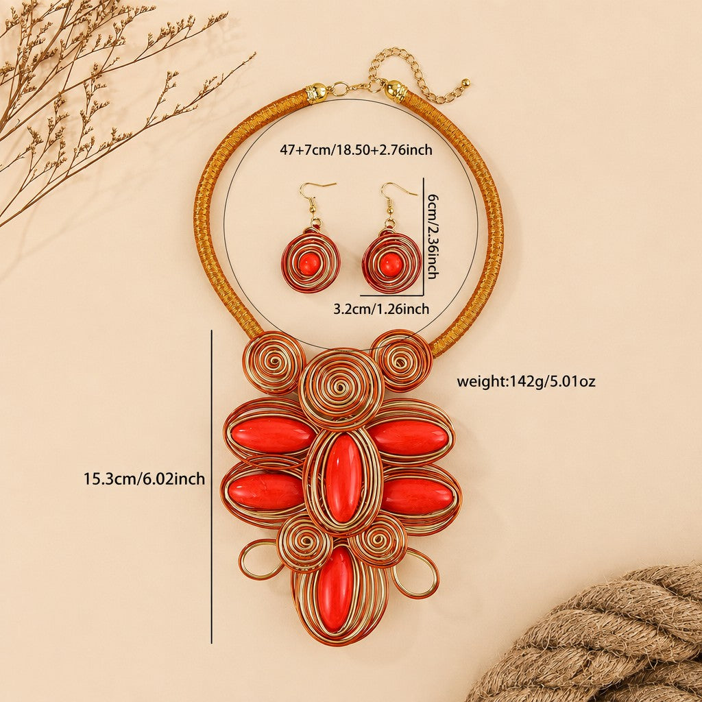 Boho Coral Wire Spiral Necklace and Earring Set