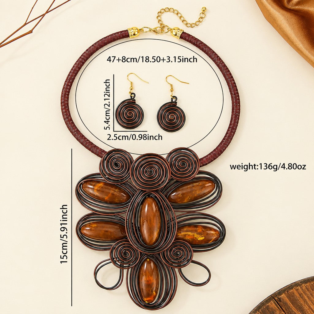 Boho Coral Wire Spiral Necklace and Earring Set