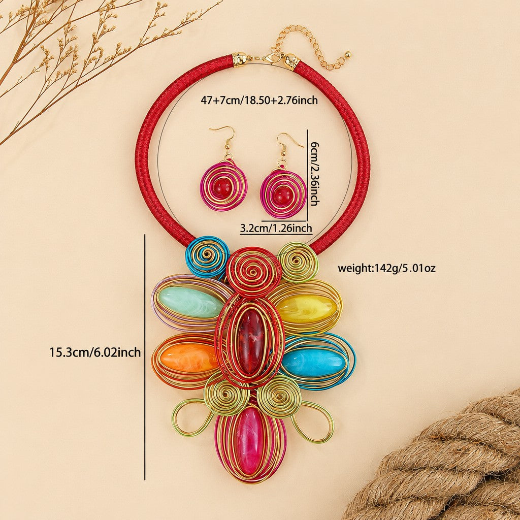 Boho Coral Wire Spiral Necklace and Earring Set
