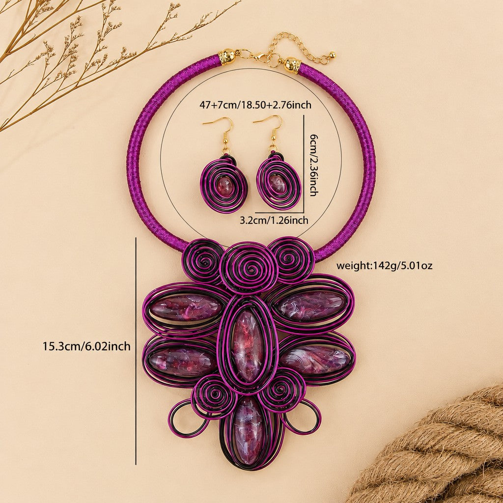 Boho Coral Wire Spiral Necklace and Earring Set