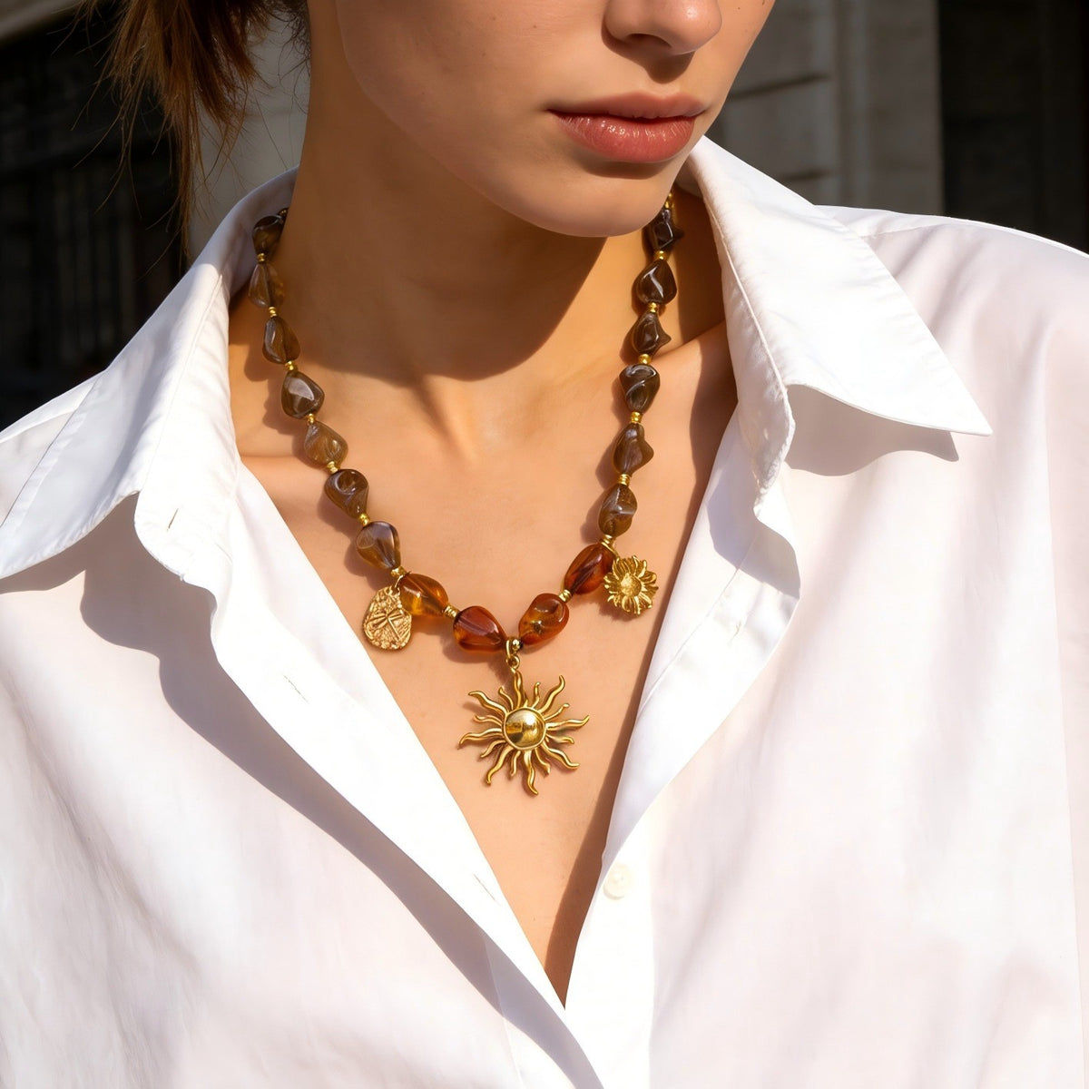 Boho Amber Resin Sun Necklace